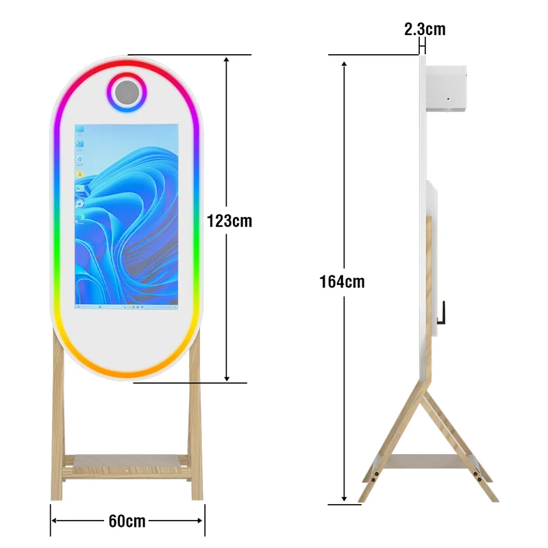55 inch imitation wood grain foot magic mirror photo booth, 32 inch touch screen magic mirror, built in mini computer, with flig 55 inch imitation wood grain foot magic mirror photo booth, 32 inch touch screen magic mirror, built in mini computer, with flig