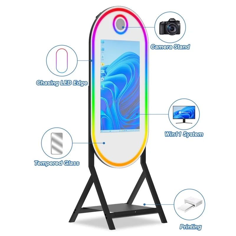 four corner oval touch screen magic mirror photo booth for wedding parties, equipped with mini computer and flight case, selfie four corner oval touch screen magic mirror photo booth for wedding parties, equipped with mini computer and flight case, selfie