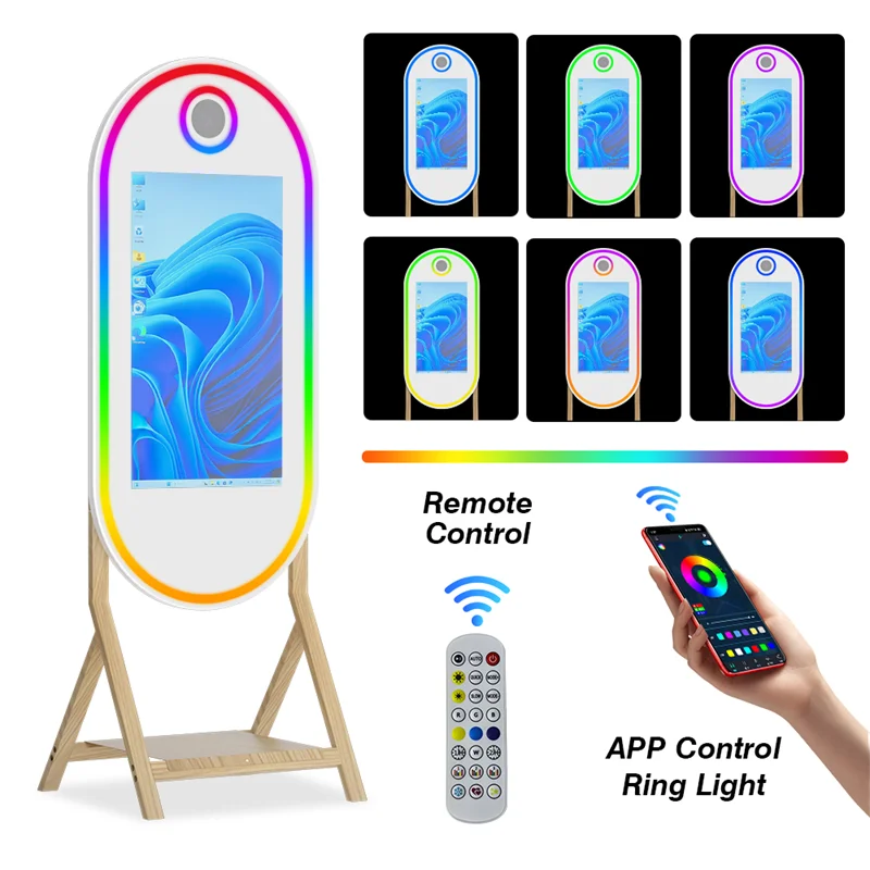 55 inch imitation wood grain foot magic mirror photo booth, 32 inch touch screen magic mirror, built in mini computer, with flig 55 inch imitation wood grain foot magic mirror photo booth, 32 inch touch screen magic mirror, built in mini computer, with flig