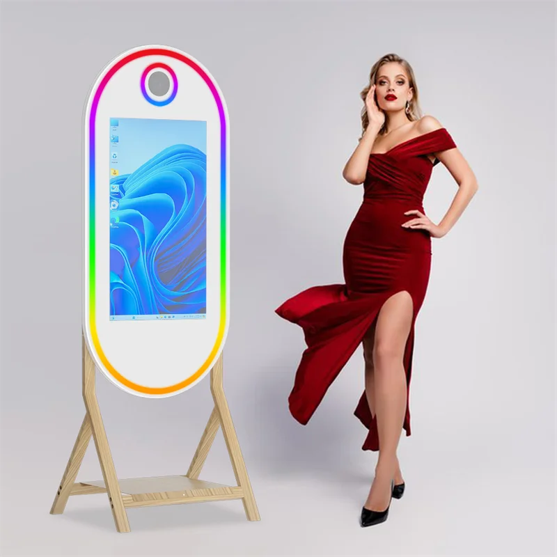 55 inch imitation wood grain foot magic mirror photo booth, 32 inch touch screen magic mirror, built in mini computer, with flig 55 inch imitation wood grain foot magic mirror photo booth, 32 inch touch screen magic mirror, built in mini computer, with flig
