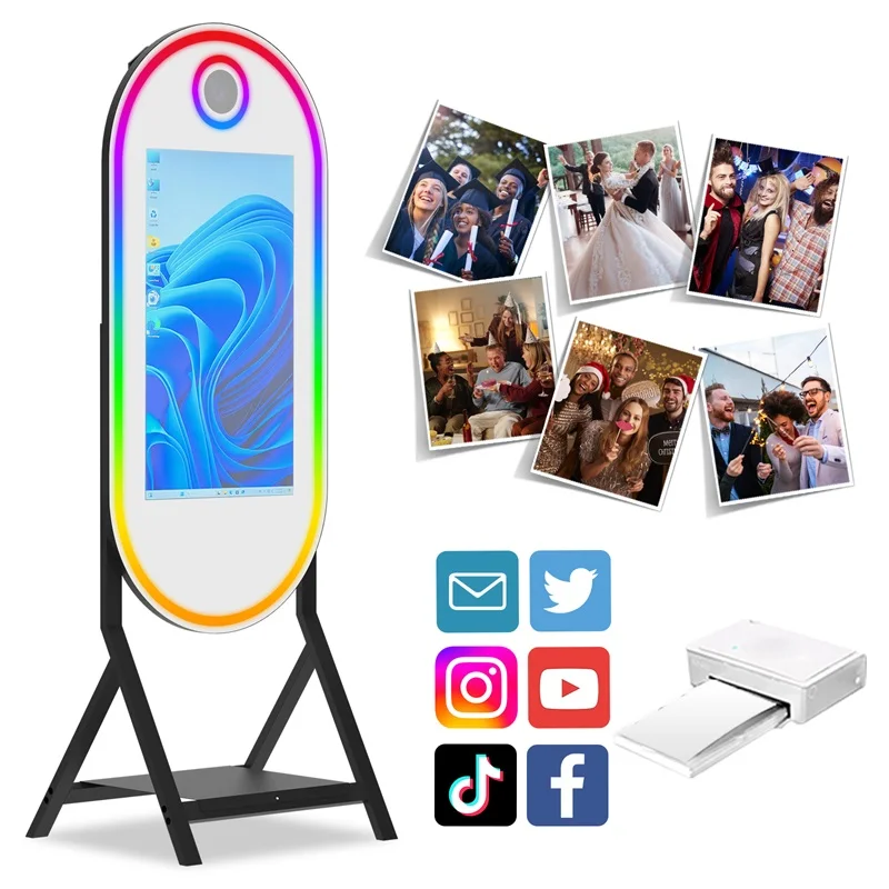 four corner oval touch screen magic mirror photo booth for wedding parties, equipped with mini computer and flight case, selfie four corner oval touch screen magic mirror photo booth for wedding parties, equipped with mini computer and flight case, selfie