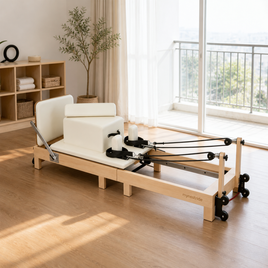 Foldable Pilates Reformer in a home and teaching room